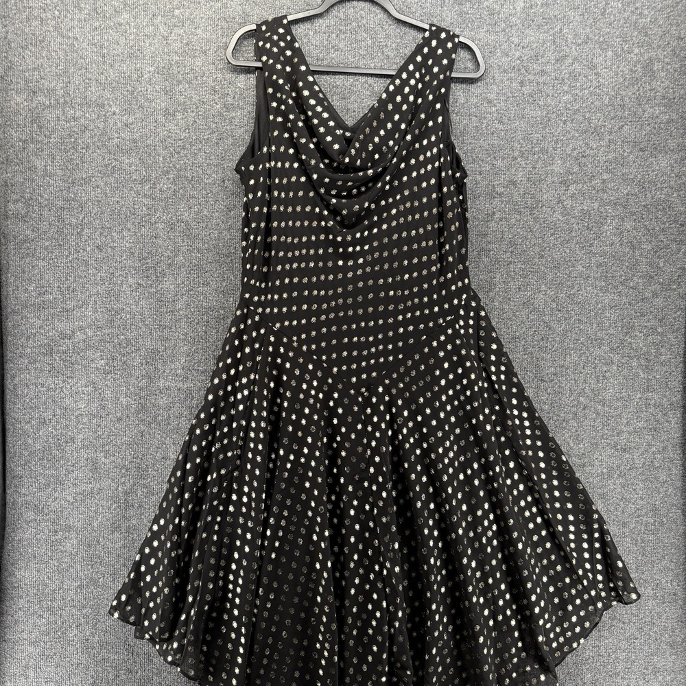Robbie Bee Dress Womens 14 Black Gold Polka Dots Fit Flare Asymmetrical Cocktail